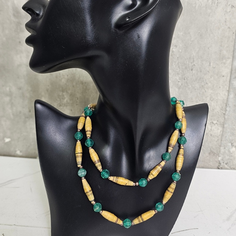 Handmade 70s Rolled Paper Bead Necklace Yellow Green Bicone Boho Sustainable 28"